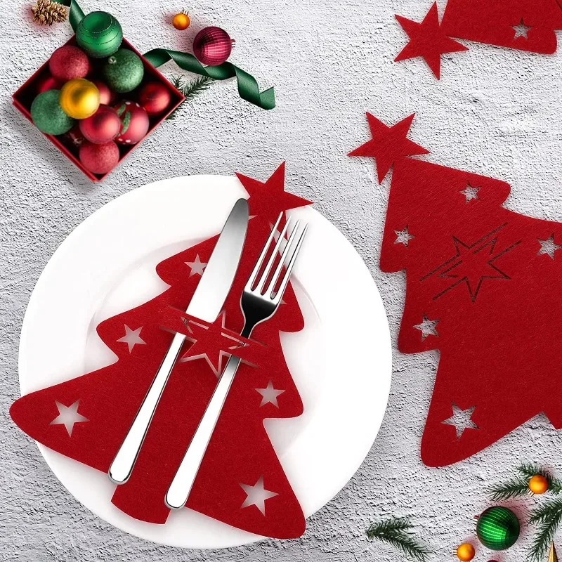 100Pcs Christmas Tree Cutlery Knife Fork Covers Table Decor Elk Xmas Tableware Pocket Holder Bags New Year  Party Decorations