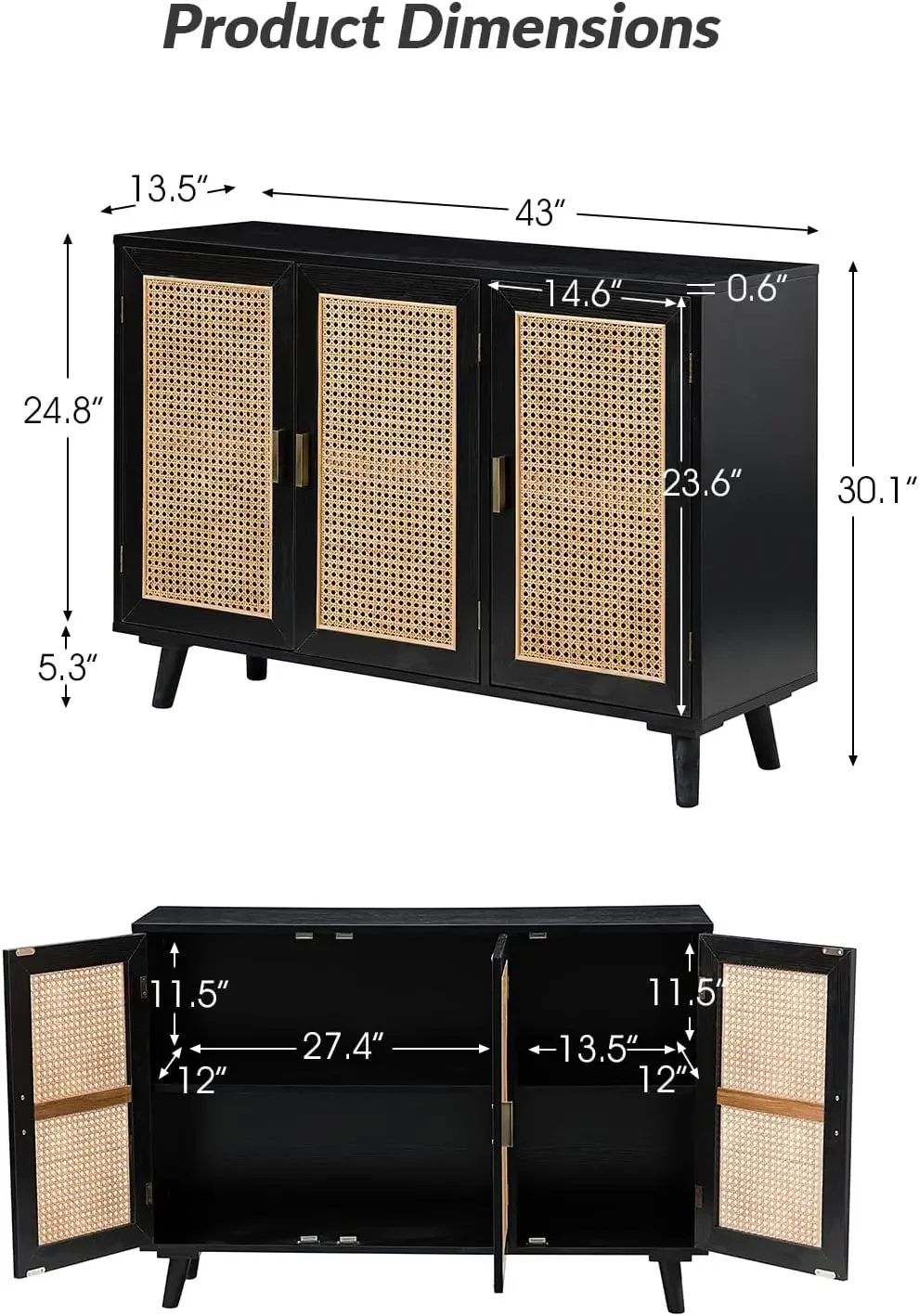 NEW-Accent Storage Cabinet with 3 Natural Rattan Doors & Wood Legs, 2-Tier Shelf Sideboard Buffet Cabinet, Cupboard Console Tabl