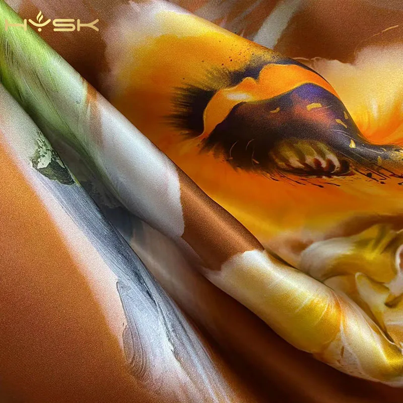 HYSK 천연 실크 새틴 원단 중국 꽃 프린트, 두께 19mm, 천연 소프트 크레페 드 신, 무독성 섬유 계량기, 원피스 E3061