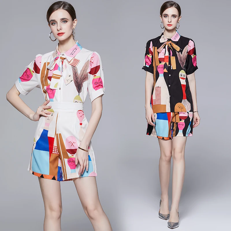 

Женский винтажный костюм из двух предметов, рубашка с коротким рукавом и воротником-бантом + шорты с высокой талией и карманами, летний костюм с мультяшным принтом