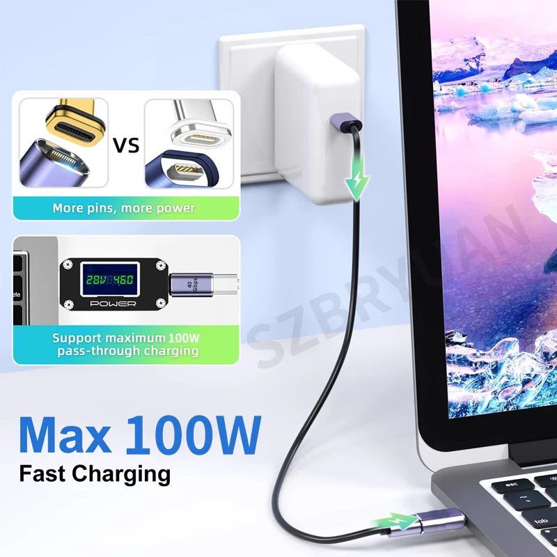 USB4.0 40Gbps USB C Elbow Magnetic Adapter OTG USB C To Type 100W Fast Charging Magnet Converter 8K@60Hz 90 Degree adaptador