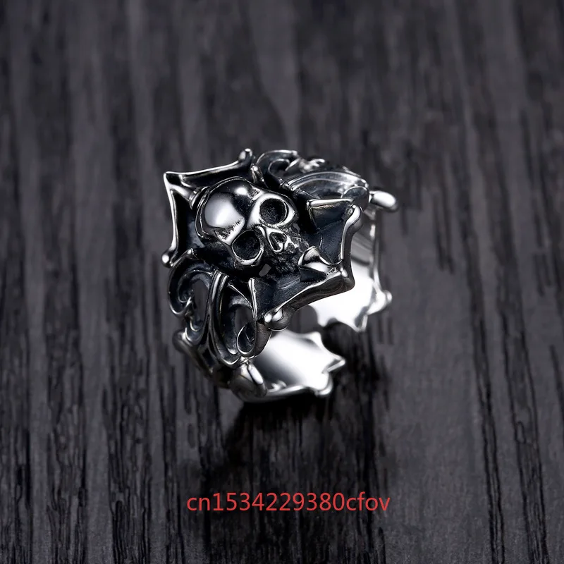 

925Thai Silver Skull Rings Personality Jewelry Fashion Charms Accessories Retro Style Hip Hop Adjustable Opening Gift for Men