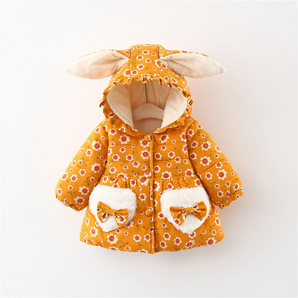 Kids Jackets Winter Coat Winter cotton jacket cartoon floral rabbit ear children's clothing girl baby clothing with waist cinched pink princess style