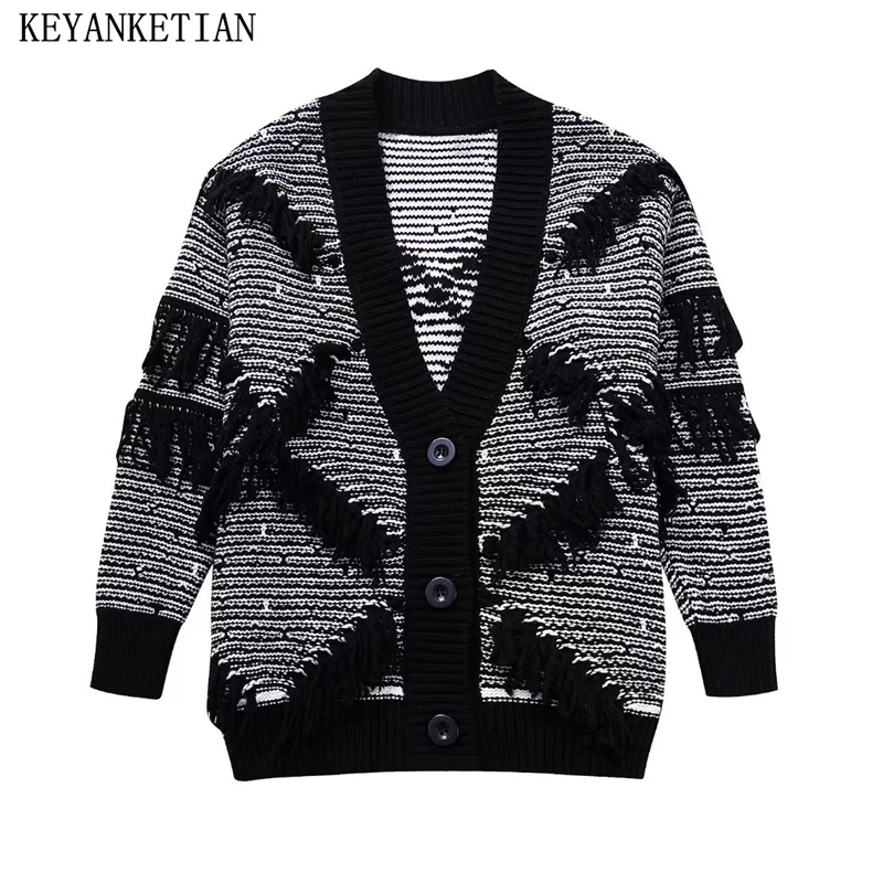 

KEYANKETIAN Autumn/Winter New Women's Fringed Jacquard Striped Knit Cardigan Fashion V-Neck Single Breasted Thick Warm Sweater