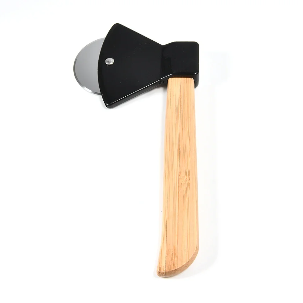 Pizza Cutter Axe Bamboo Handle Rotating Blade Home Kitchen Cutting Tool