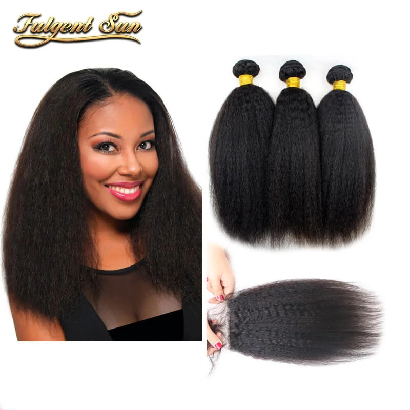 Pacotes de Cabelo Reto com Fechamento Extensões de Cabelo para Mulher Pacotes com 4x4 Cabelo Humano Brasileiro Fechamento Kinky Remy Tecer 3 7 fechamento kinky pacotes de cabelo reto com