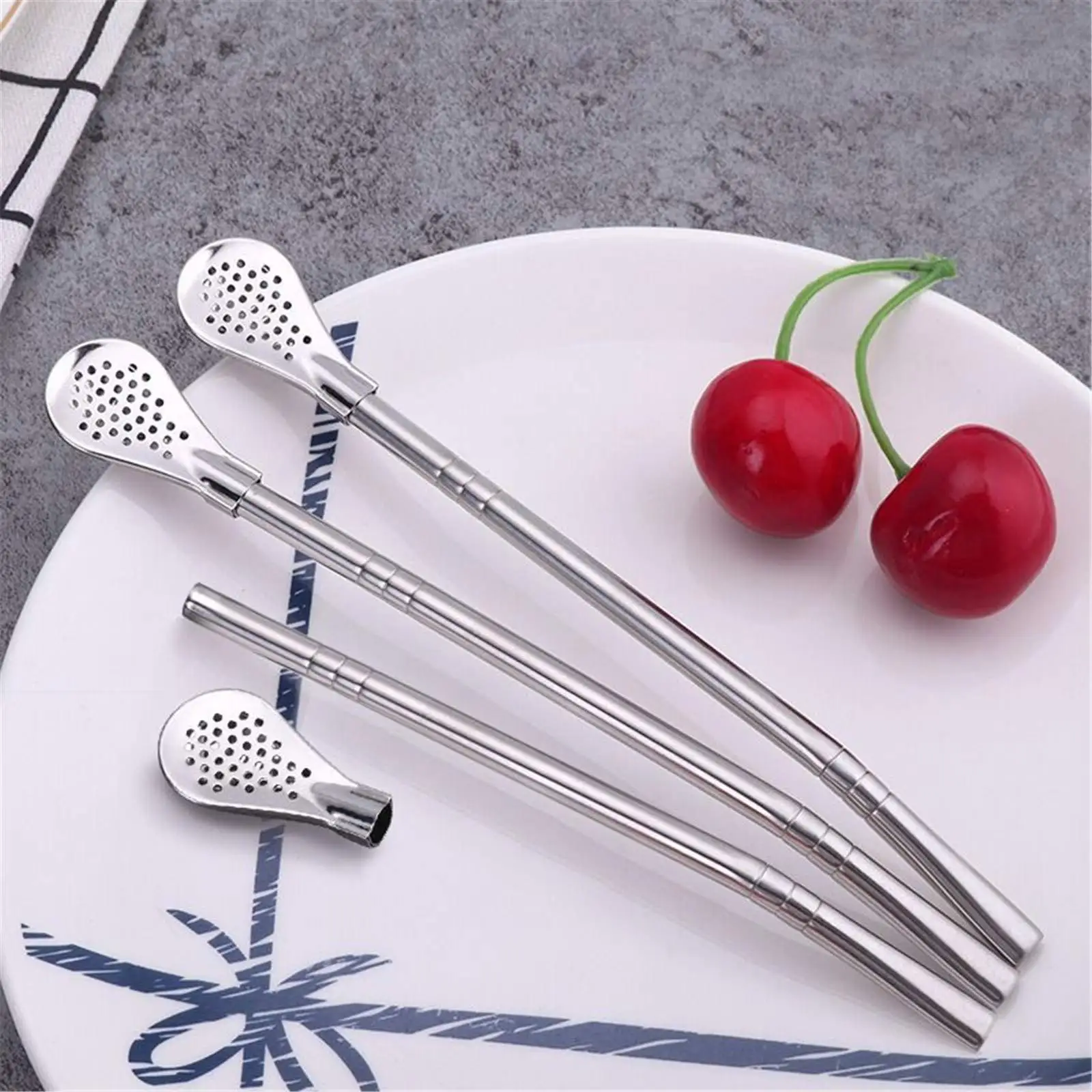 Metal Straw Stirring Spoons for Drinking, 304 Stainless Steel Reusable Tea Cocktail Filter With Brush Kitchen Bar Utensil