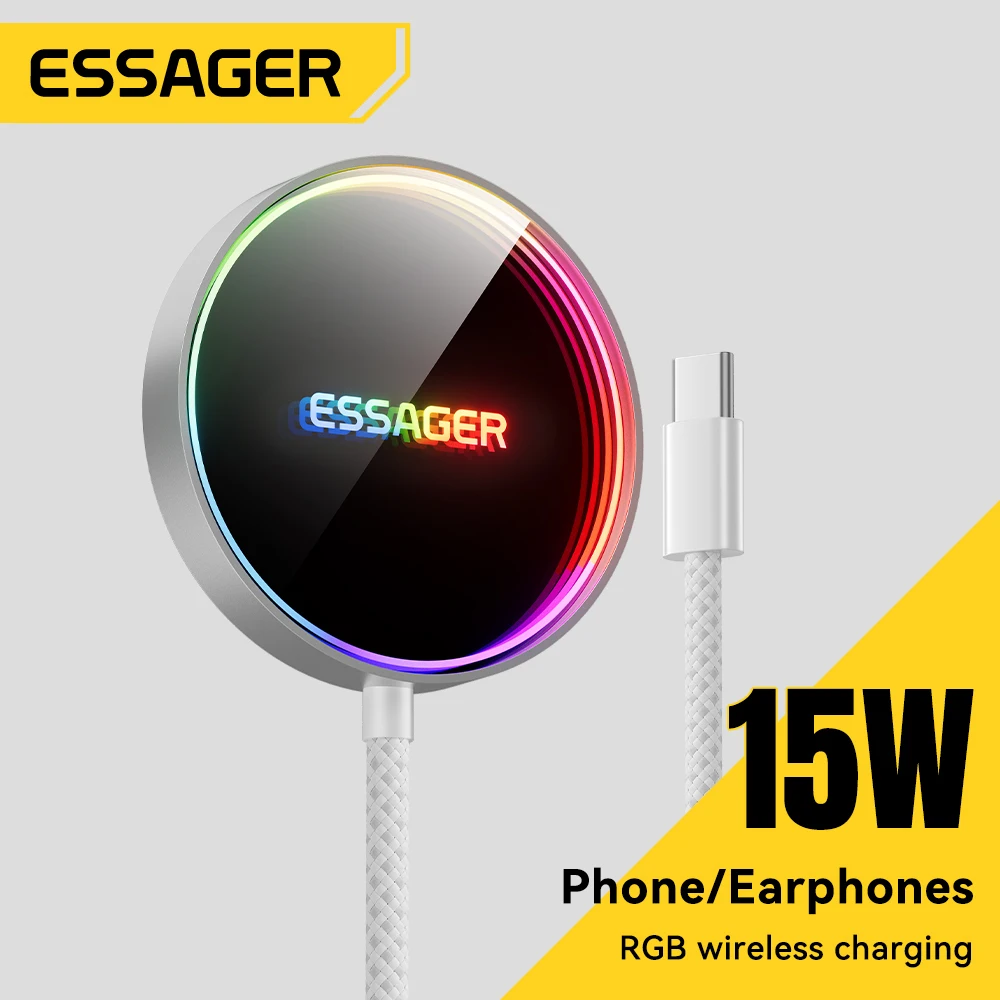 ESSAGER 15W Magnetic Wireless Charger RGB Fast Charging Phone Charger for iPhone 16 15 14 13 Pro for Macsafe Phone Charging Dock