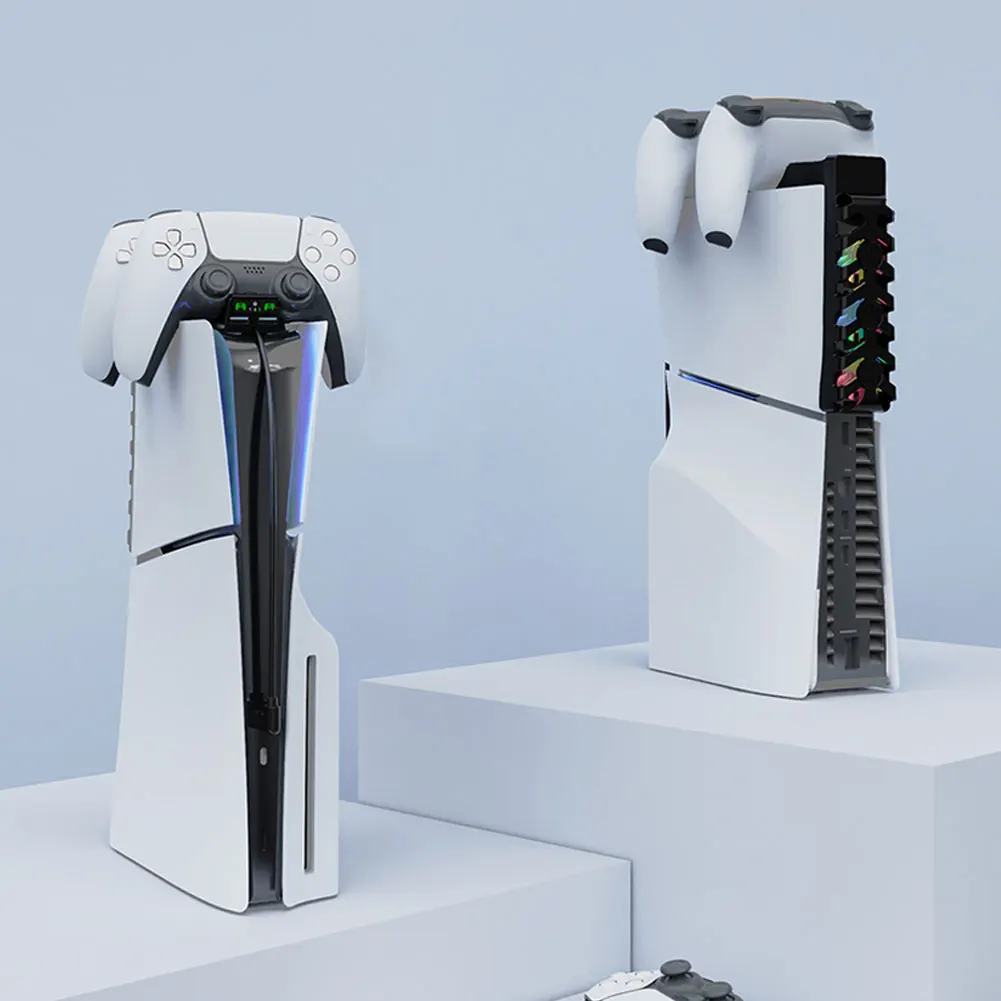 저소음 쿨러 선풍기 듀얼 컨트롤러 충전 스테이션, RGB 조명 포함, PS5 슬림 콘솔 및 컨트롤러용 효율적인 냉각 시스템