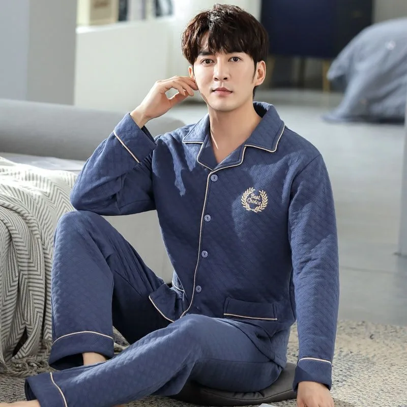 2024 New Pajamas Men's Spring Autumn Thickened Cotton Sleepwear Winter Thin Padded Air Cotton Sandwich Homewear Men's Loungewear