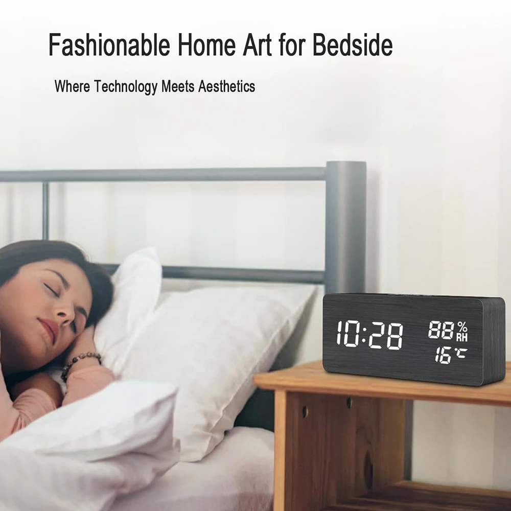 Wooden digital alarm clock with temperature humidity LED for office bedroom bedside decor gift