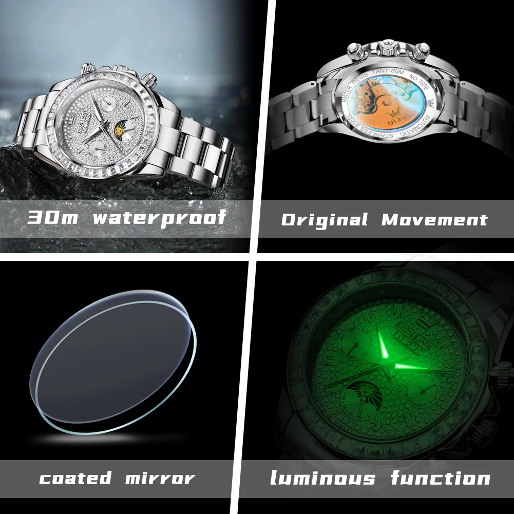 OLEVS 7038 Men Automatic Watch Full Diamond Mechanical Watch For Men Luxury Date Moonswatch Original Waterproof Male Wristwatch