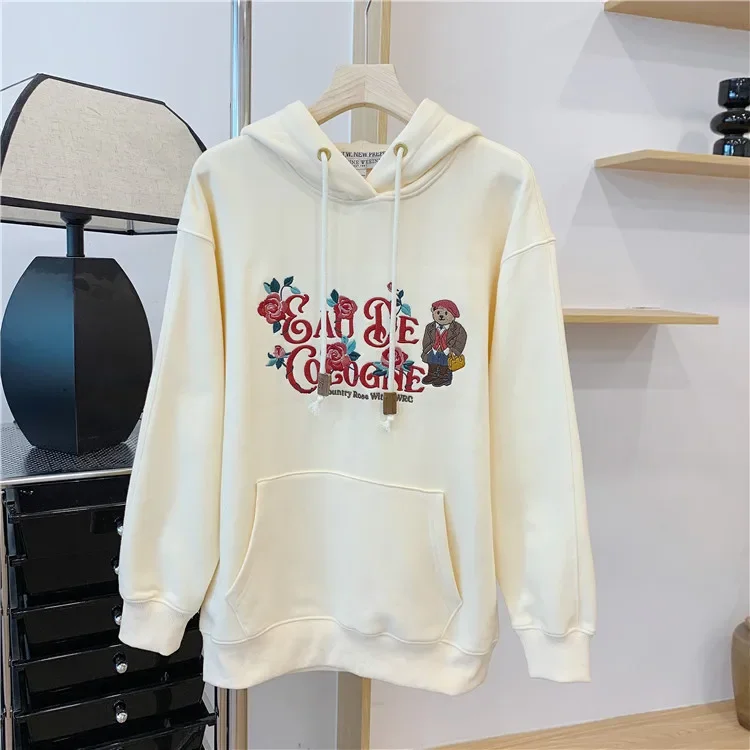 

Women White Hoodies, Bear Floral Embroidery Autumn Loose Sweatshirts, Cotton Fabric Casual Tops, Vestidos Para Mujer, Traf