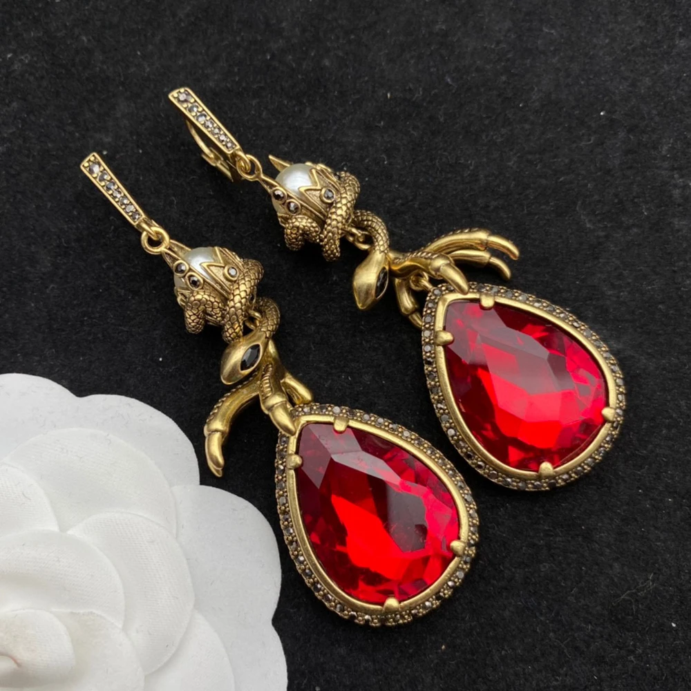 

European and American Trend Luxury Brand Vintage Red Water Drop Crystal Earrings Women Gothic Design Jewelry Accessories
