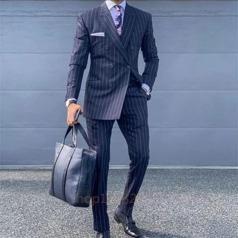 Navy Blue Striped Men Suits Slim Fit Wedding Groom Tuxedo Peak Lapel Business Blazer 2 Piece Set Costume