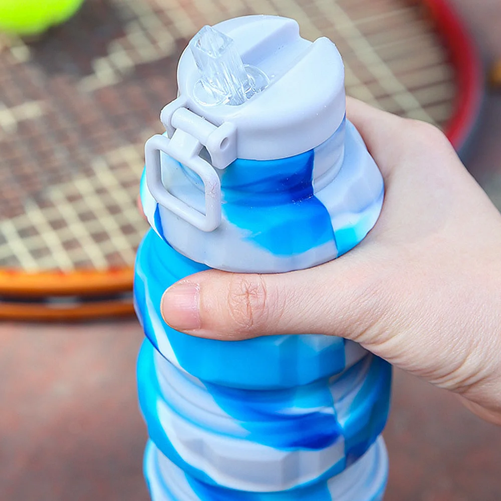17oz 500ml Portable Reuseable Silicone Foldable Collapsible Travel Water Bottle with Rugby Carabiner