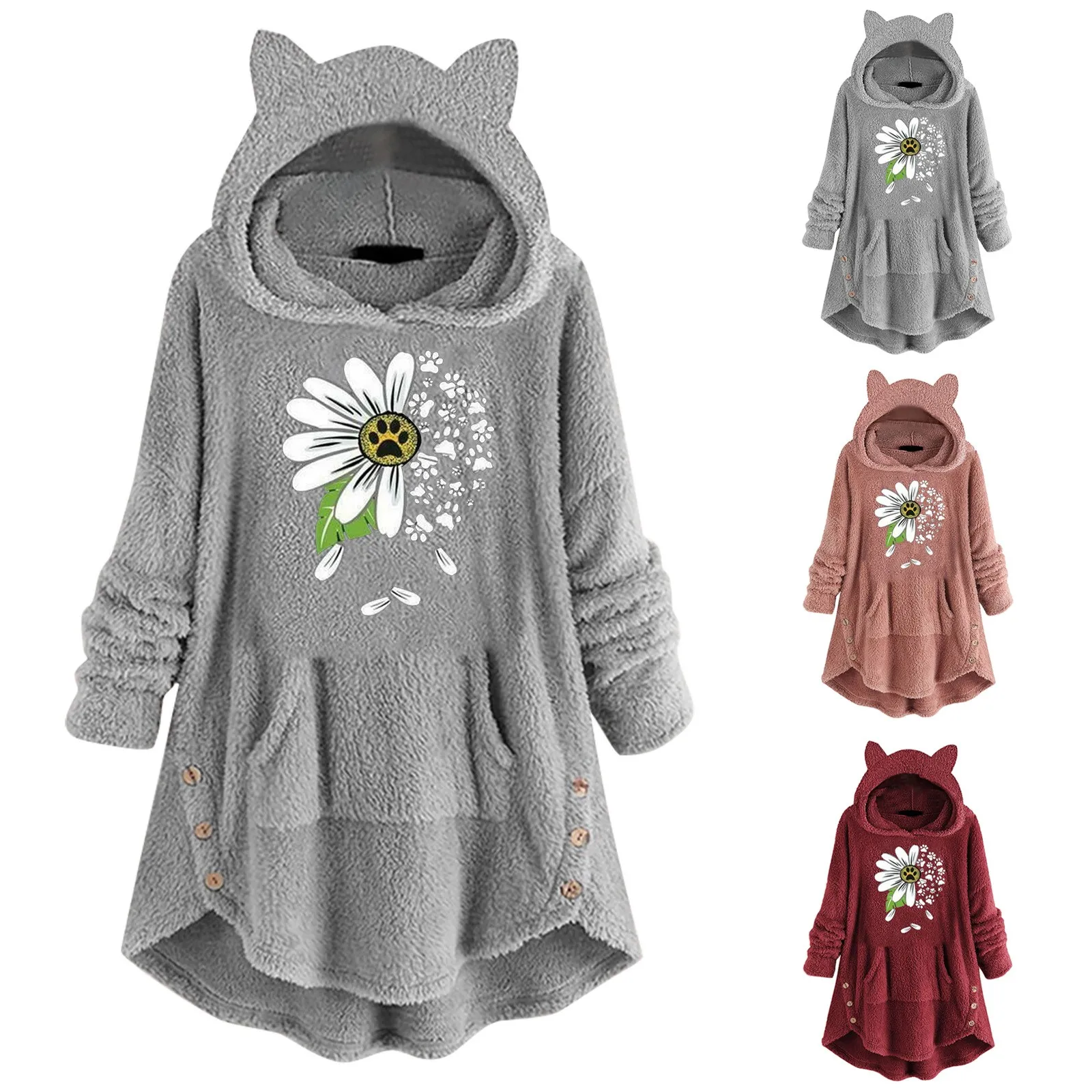 

Women's Long Sleeve Cat Ear Hat Hoodie Fleece Cute Print Top With Button Pockets Womens Plain Hoodie Woman Sweatshirts Hoodies