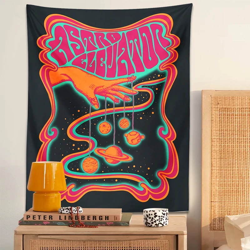 Tapestry Decorations Psychedelic planet Tapestry Wall Hanging color Hippie hand Art black Bohemian for Living Room Home Dorm Decor cloth