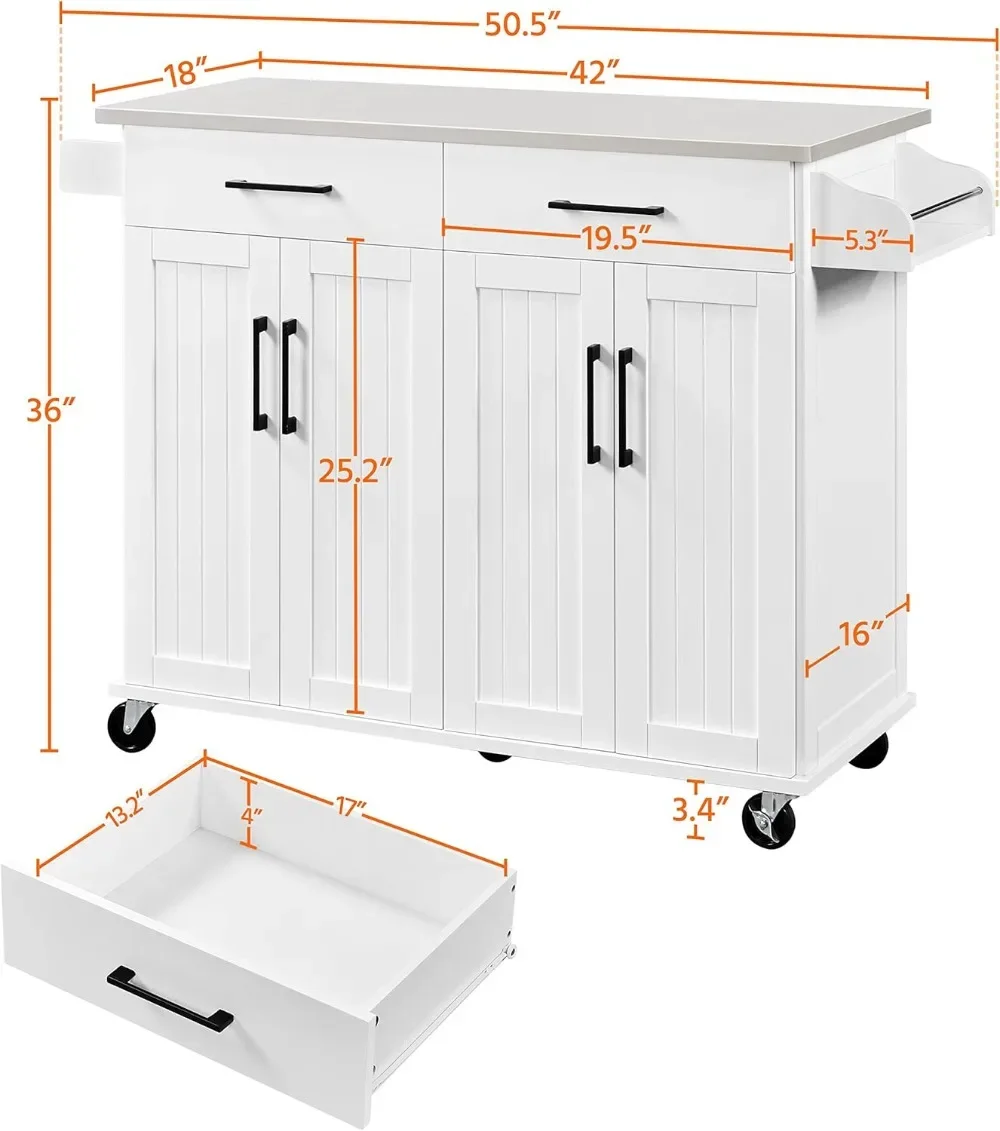 Kitchen Island Cart with Storage & Stainless Steel Countertop, Portable Kitchen Island on Wheels with Cabinet 4