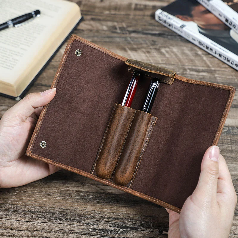 

New Crazy Horse Leather Pen Bag Art Handmade Trifold Two Pack Portable Leather Pen Storage Box