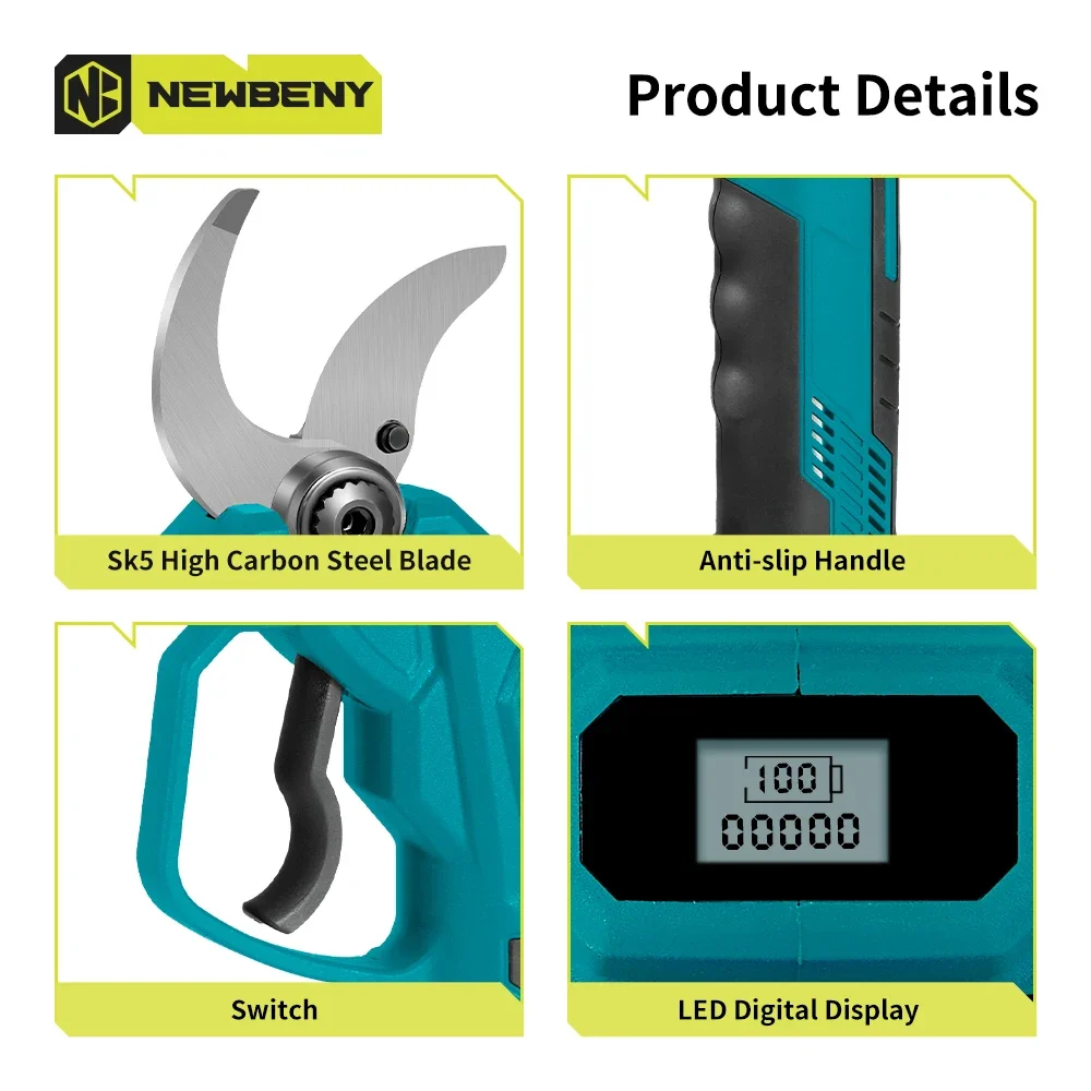 NEWBENY 45mm Brushless Electric Pruning Shears  4 Gears Cordless Efficient Garden Electric Scissors For Makita 18V Battery 4