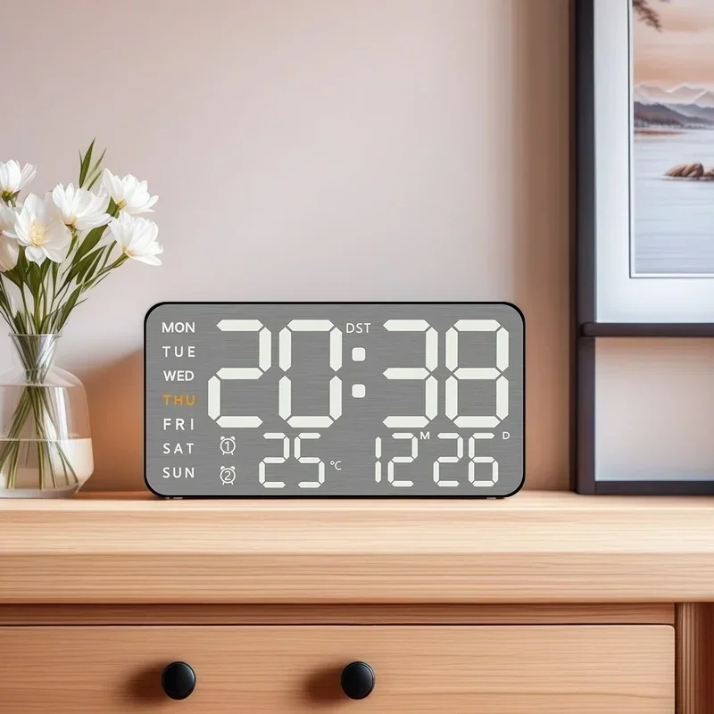 Voice Control Digital Wall Clock TEMP Date Week 2 Alarm DST Snooze Table Clock 5 Levels Brightness Adjustment 12/24H LED digital wall clock
