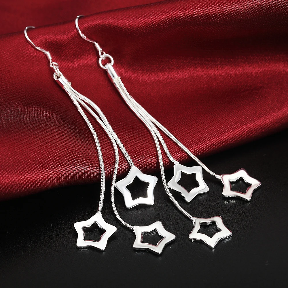 Hot high quality 925 Sterling Silver Tassel hanging stars Earrings for woman fashion Jewelry elegant long earring Christmas Gift