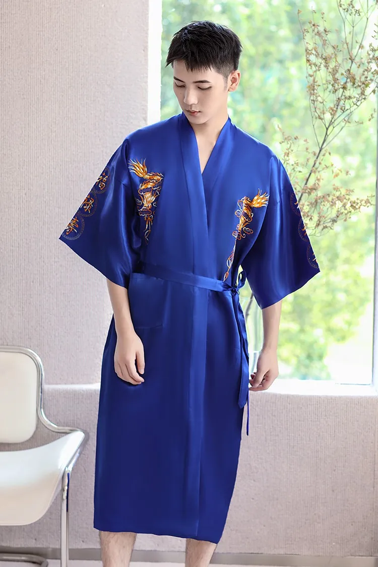 Sleepwear Men Robe Embroidery Dragon Summer Kimono Bath Gown Sexy Nightwear Loose Bathrobe Lingerie V-Neck Oversized Loungewear mens silk pajamas