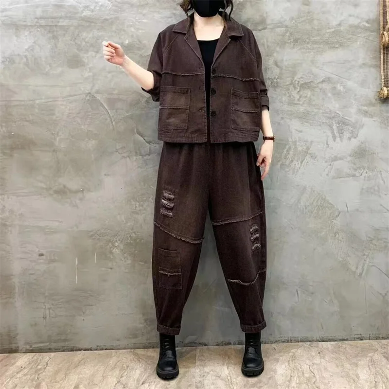 2024 New  Autumn Artistic Style Mom's Fashion Denim Set Women Spring Autumn Short Coat Loose Western Casual Jeans Two Piece Set