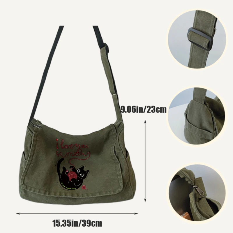 Fashion Women's Bag Cute Cat Print Shoulder Bag Retro Canvas Large Capacity Crossbody Bag For Women Laptop Bag Commuting
