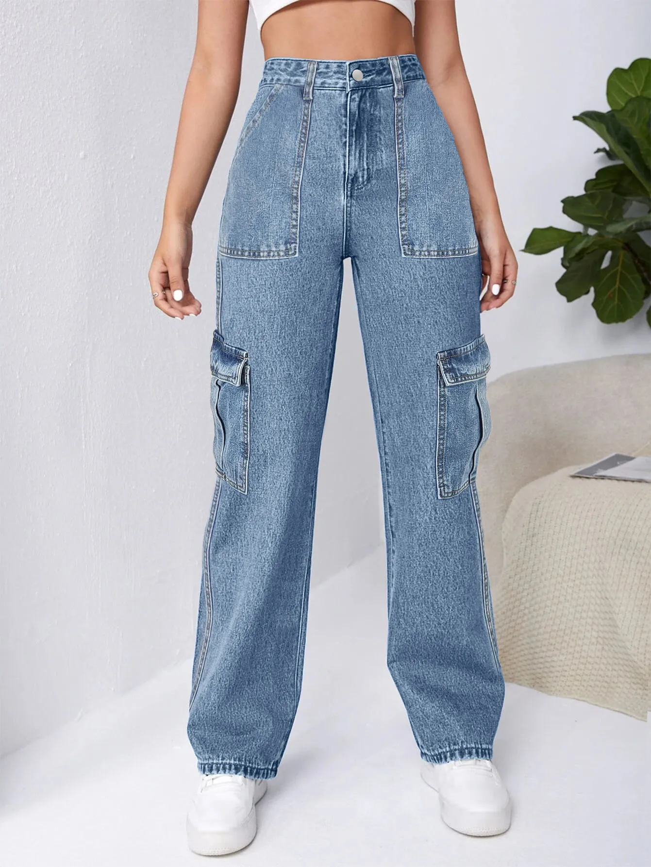 Women's Jeans New Fashion Personalized Workwear Pants Denim Straight Leg Trousers Pockets Fashion Vintage Jeans Female women straight jeans patchwork organ pocket elasticated waist denim pants female new casual workwear style multi pocket trousers