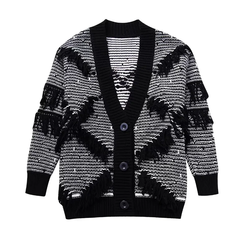 

TRAF Oversized Tassel Cardigan Women Autumn Fashion Front Button Up V-Neck Sweater Coats Japanese Loose Long Sleeves Knit Tops