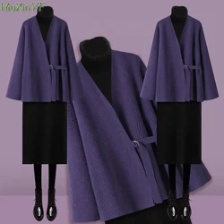 Women Autumn Winter Sweater Knit Turtleneck Dress 1 or Two Piece Set Lady Graceful Purple Jacket Black Bottoming Dresses Outfits