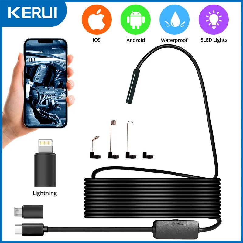 KERUI Endoscope Camera For IOS iPhone iPad Android 2MP HD Borescope With 8 Adjustable LED Type-C Inspection Industry Mini Camera