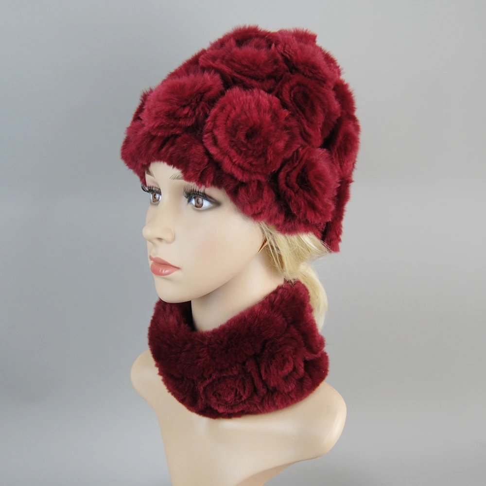Fashion Girl Fur Cap Lady Winter Natural Real Rex Rabbit Fur Hat Scarf Suit High Quality Women 100% Genuine Hat