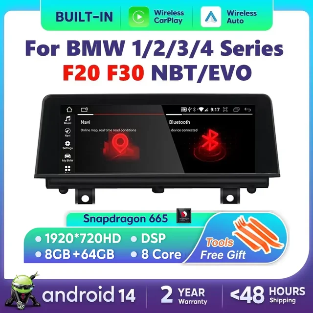 Carplay sans fil Android 14 pour BMW F20 F30 F21 F22 F31 F32 F33 F34 F36 NBT EVO Lecteur multimédia autoradio écran GPS 1