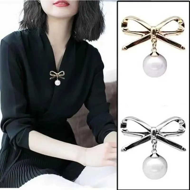 Elegant Simple Bow Brooches For Women Bowknot Pin Pearl Pendant Safety Lapel Pins Wedding Jewelry Body Accessories Creative Gift