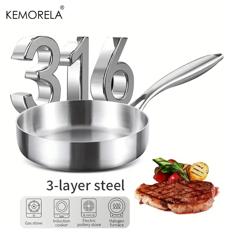 Padella In Acciaio Inox 28cm Con Manico – Adatta A Induzione, Lavabile In Lavastoviglie, Triplo Strato