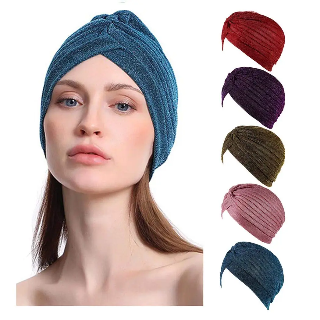 New Gold Shiny Knot Turban Cap Women Muslim Hijab Islamic Jersey Chemo