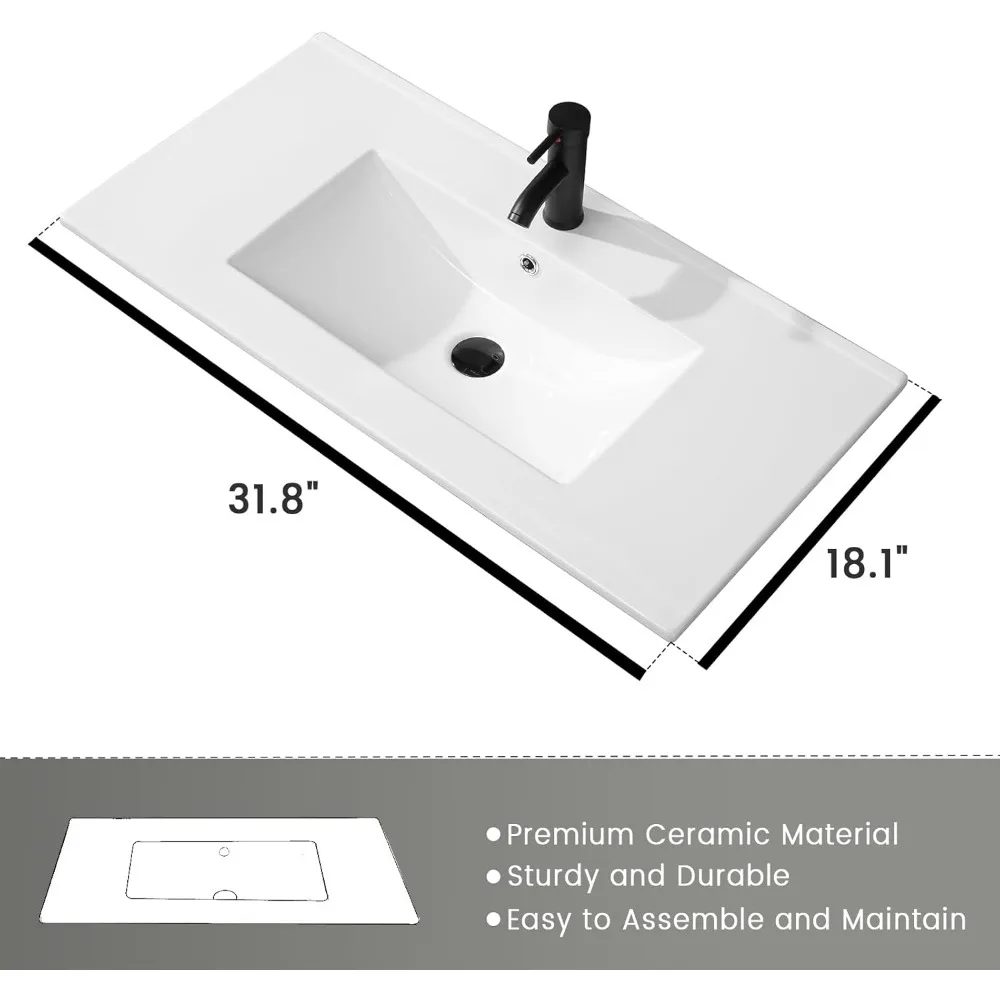 30" Bathroom Vanity Cabinet with Sink Combo Set, Undermount Ceramic Sink, Matte Black Faucet, High-Definition Mirror 5