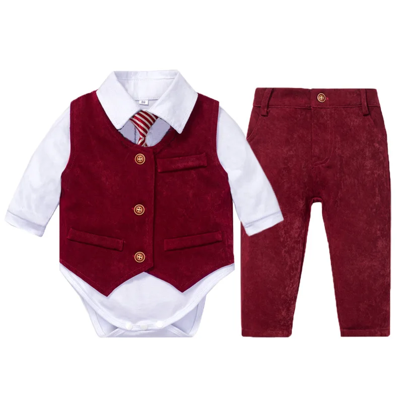 

Baby Boy Clothes Newborn Baby Wedding Suit White Romper + Red Vest + Pant 4Pcs Outfits Kids Little Gentleman Infant Spring Suits