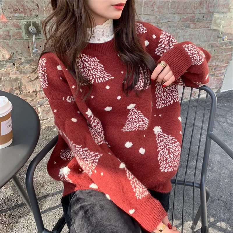 Autumn and Winter New Women's O Neck Long-sleeved Sweater Elegant Christmas New Year Red Knitted Pullover Shirt Casual Knitwear