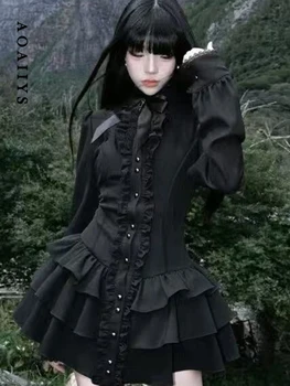 Aoaiiys Mini Dress Women Black Gothic Lace Spliced Dresses Y2K Japanese Streetwear Lolita Dresses Spicy Girls Fall Clothes New 1
