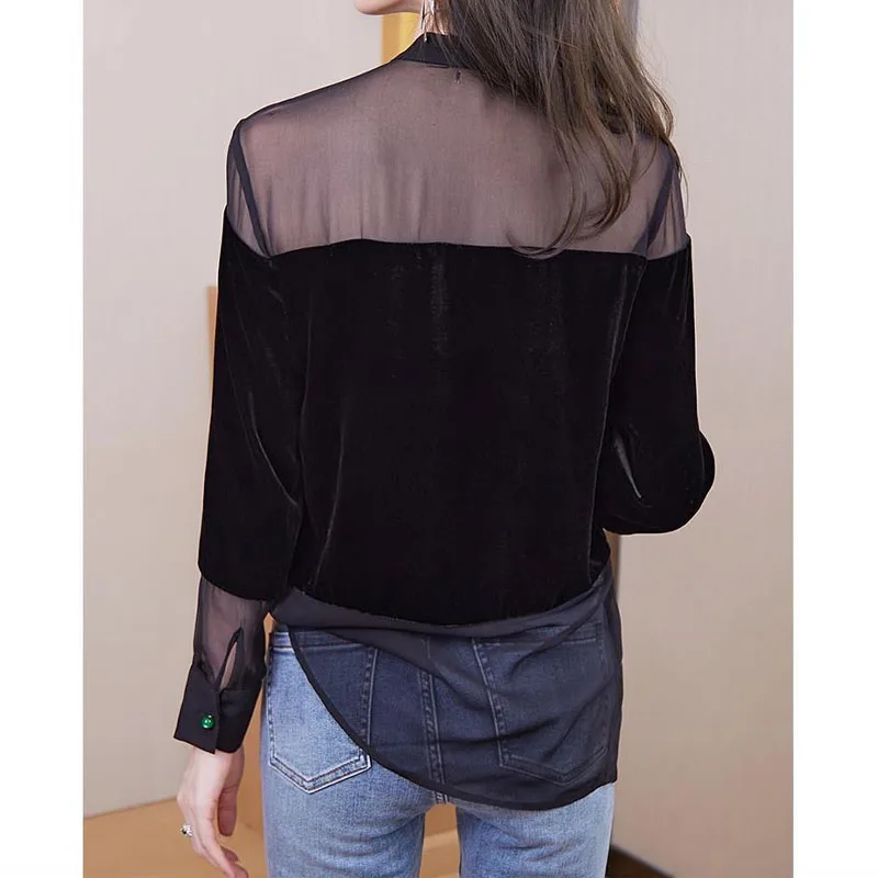 Fashion Sexy Sheer Mesh Spliced Button Blouse Autumn Women's Clothing Round Neck Casual Long Sleeve Solid Color Female Shirt