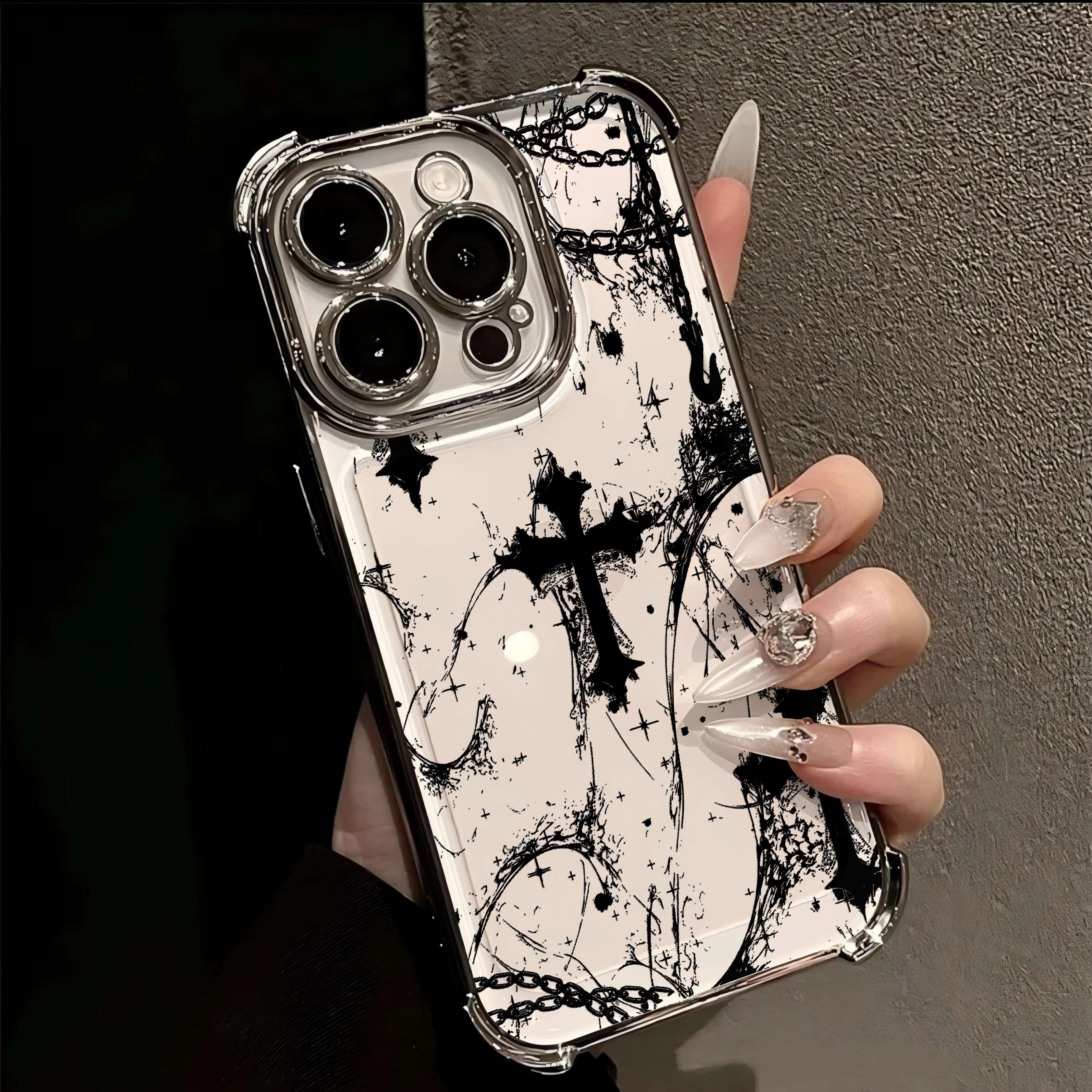 Cool Dark Gothic Cross Mark Line Plating Phone Case For IPhone 17 16e 16 15 14 13 12 11 Pro Max X XR XSMax 7 8 Mini Air Plus