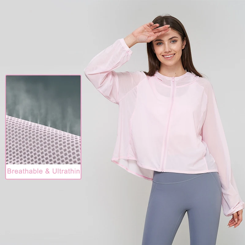 

Women Sport Hooded Sweatshirts Yoga Jacket Summer Ultrathin Full Zip Up Hoodie Gym Fitness Loose Cover Up Mesh Workout Coat Suit