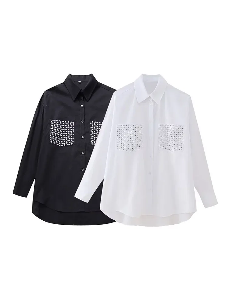 

Women 2023 Winter New Fashion Loose Poplin Decorated With Rivets Blouses Vintage Long Sleeve Button-up Female Shirts Chic Tops