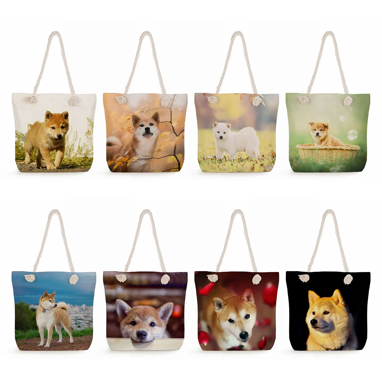 

Женские милые сумки с принтом Шиба-ину, вместительные сумки-тоуты для покупок на плечо, дорожные пляжные сумки с графическим принтом из толстой веревки для собак, повседневные