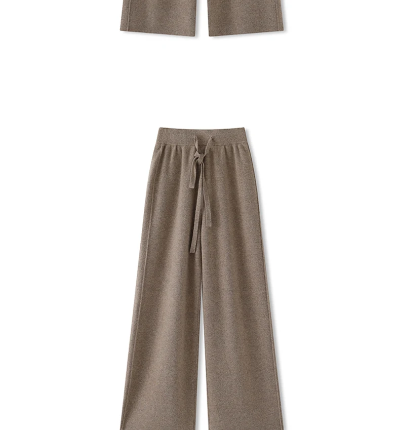 بنطلون نسائي جديد من الصوف الميرينو 100٪ بتصميم مستقيم الساق للربيع والخريف، سميك وعملي بخصر مرتفع وفضفاض، بنطلون محبوك واسع الساق