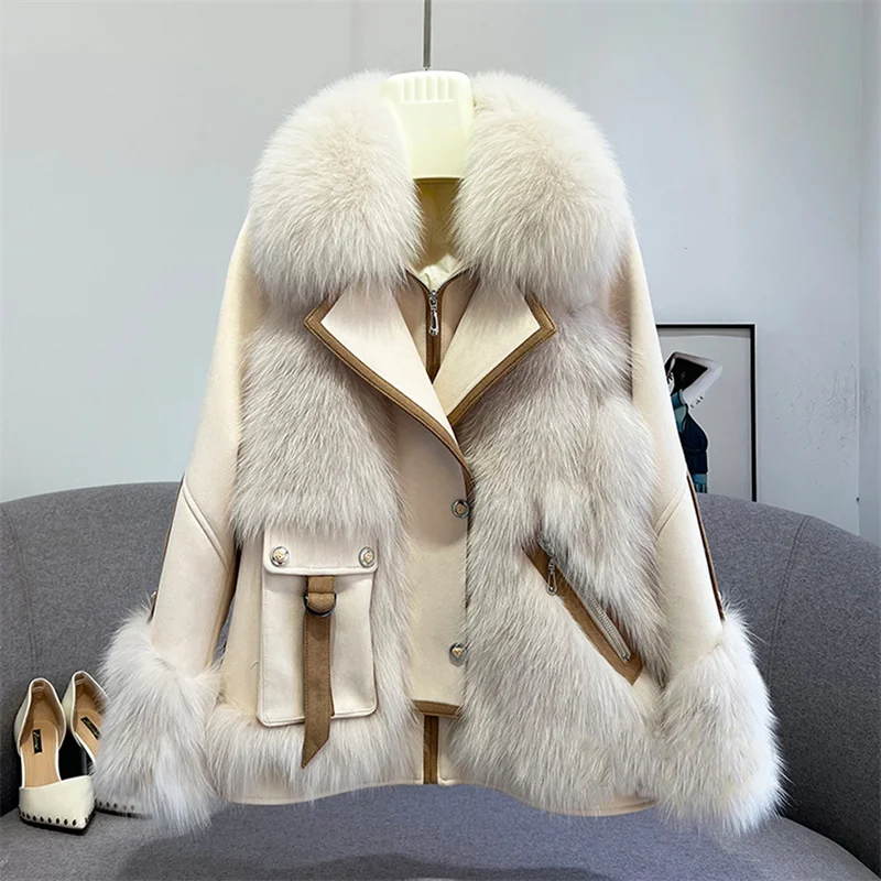 Faux Mink Fur Coat Women White XS-6XL Fox Fur Collar Thick Warmth Light  Luxury Winter Fashion Elegant Big Style Clothes Feminina